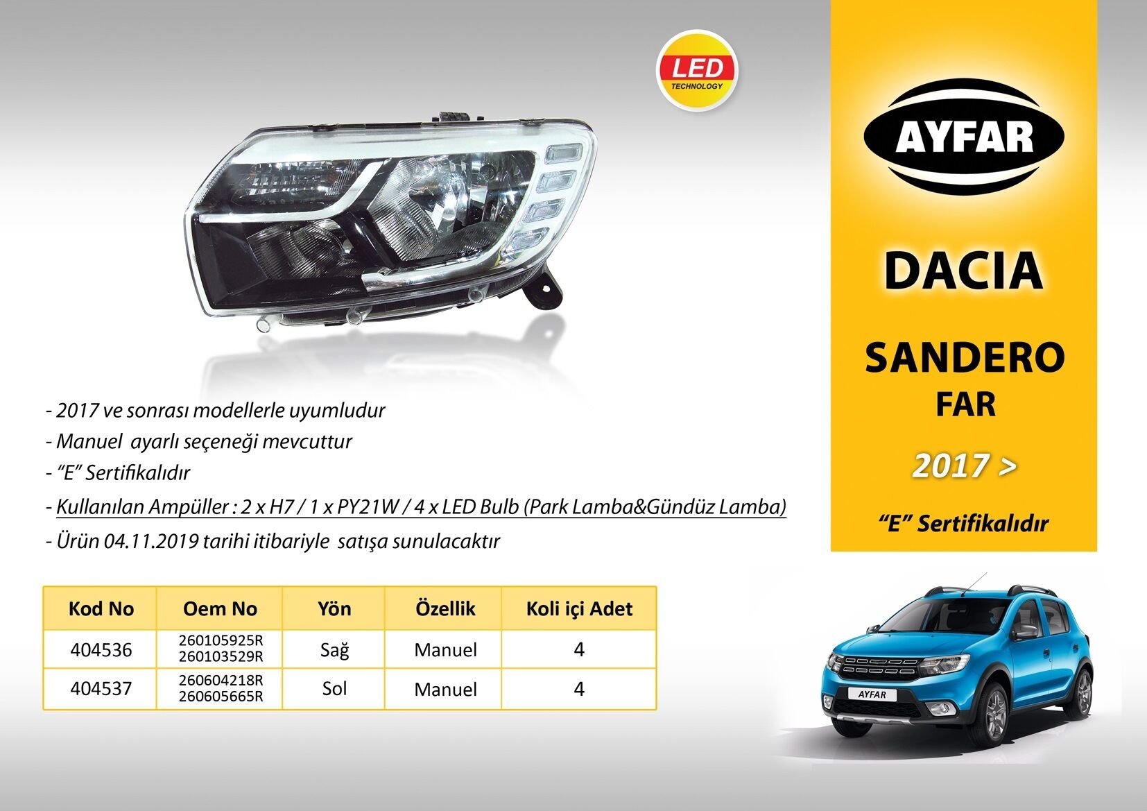 FAR SOL 404537 LOGAN MCV SANDERO (17 >) (LEDLİ) MOTORSUZ