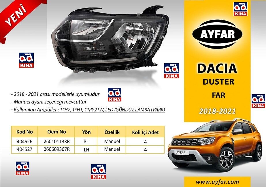 404526 FAR SAĞ DUSTER (2018 2021) (H7+H1 GÜNDÜZ FARI+PARK) *MOTORSUZ